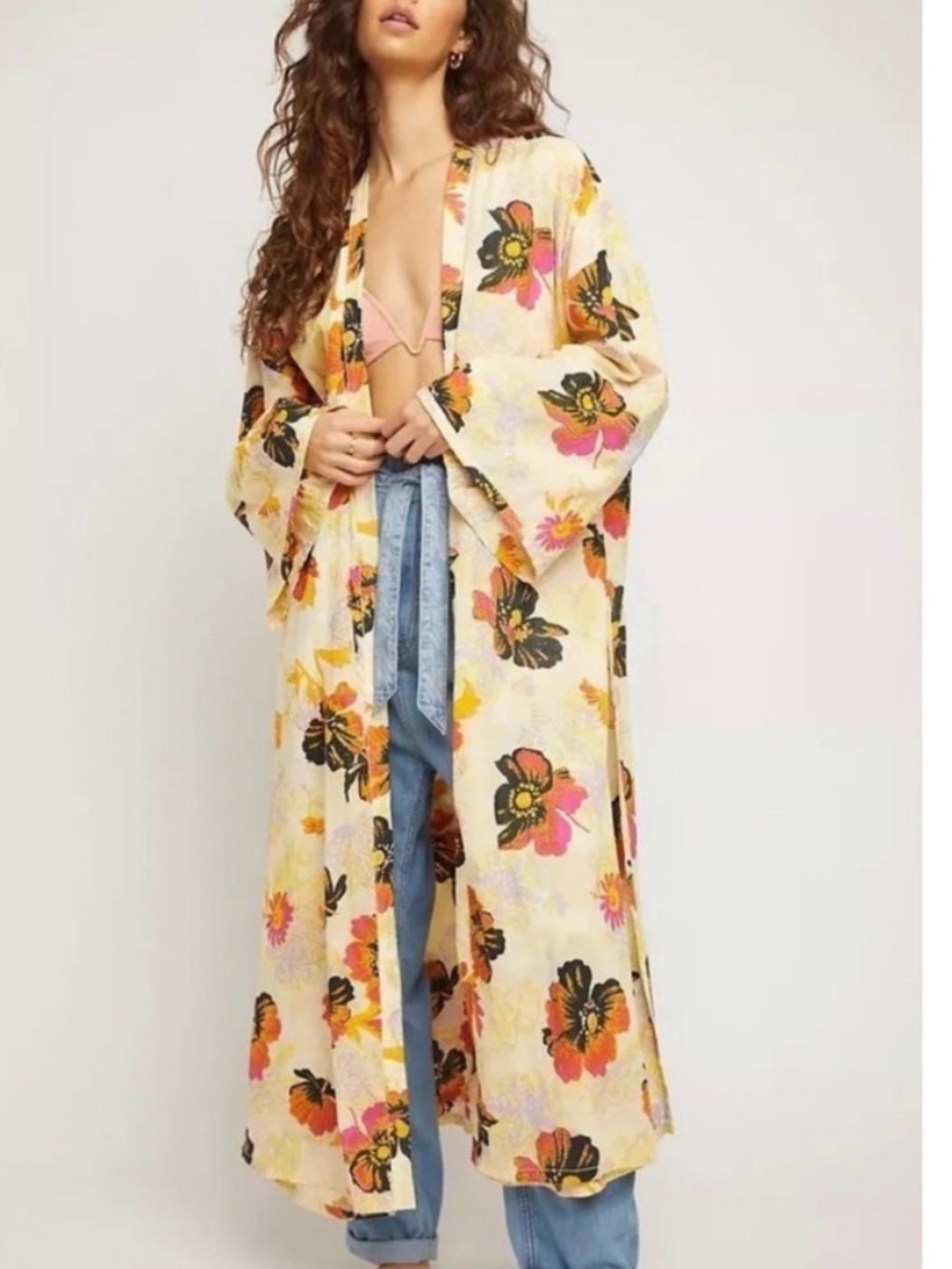 Free People Floral Kimono Jacket in Cream with Pink & Yellow Accents